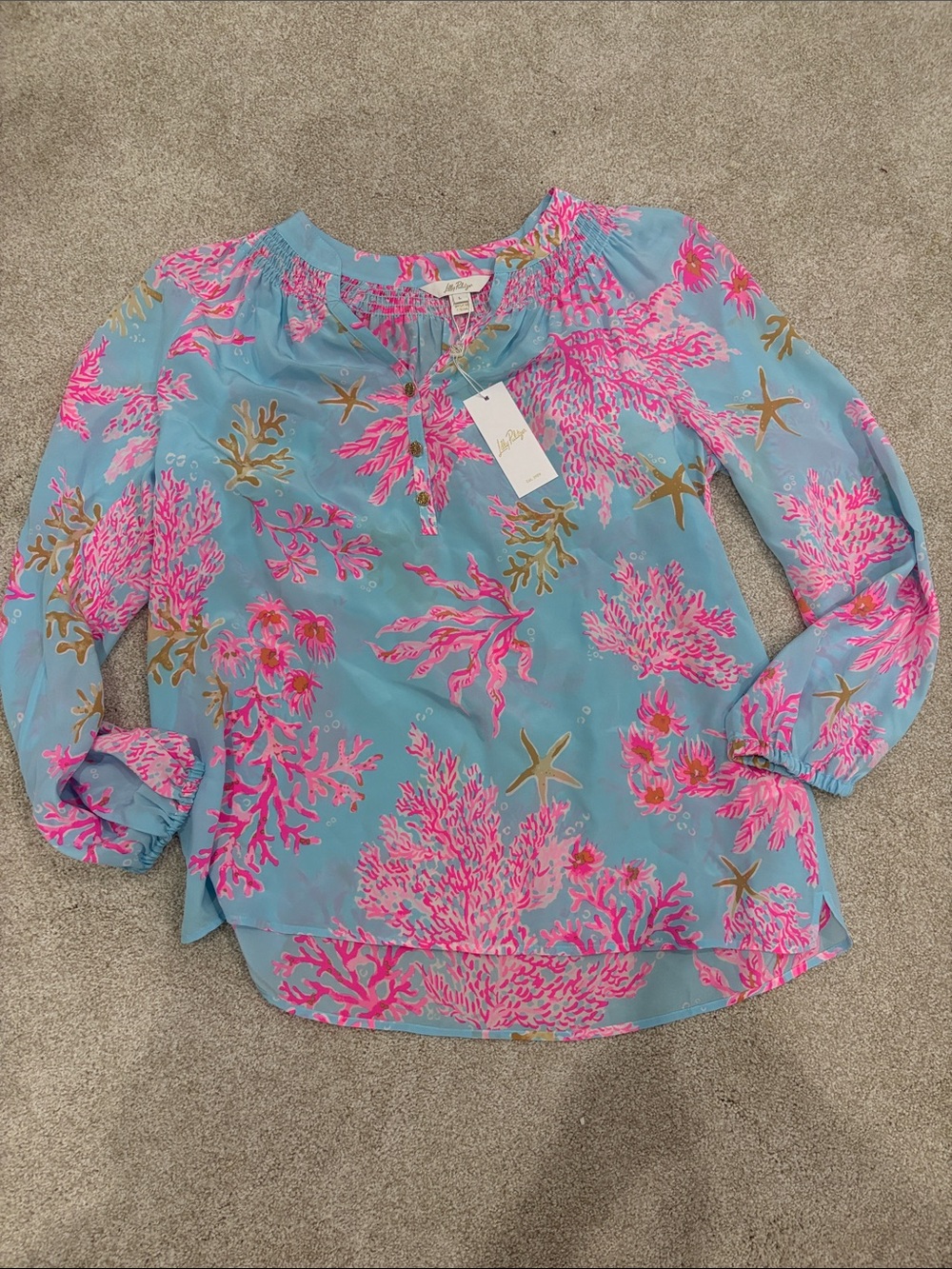 Elsa Silk Lilly Pulitzer Blue Blouse with Pink Coral & Gold Starfish Print